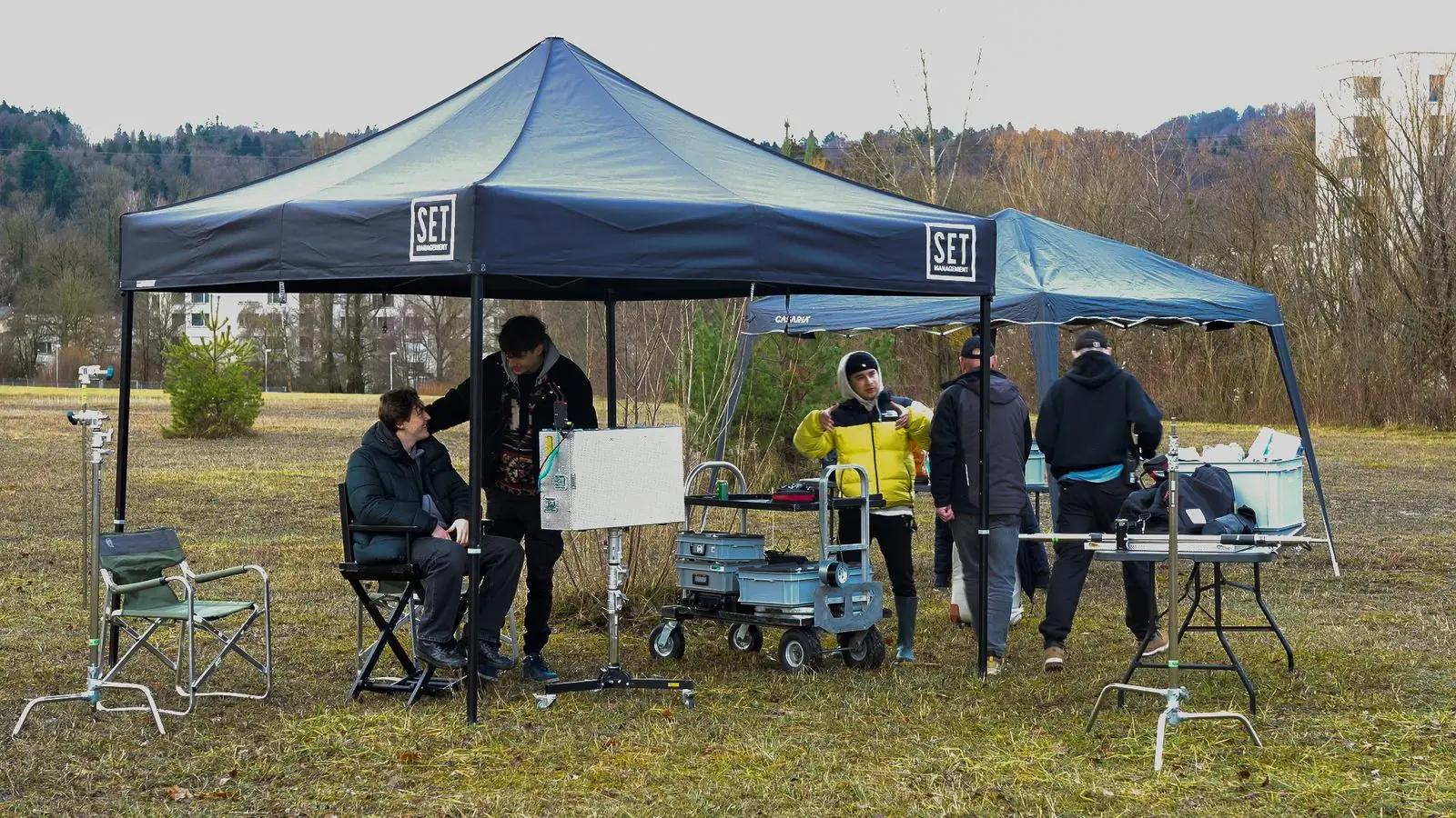 Base camp: the gazebos out on the field